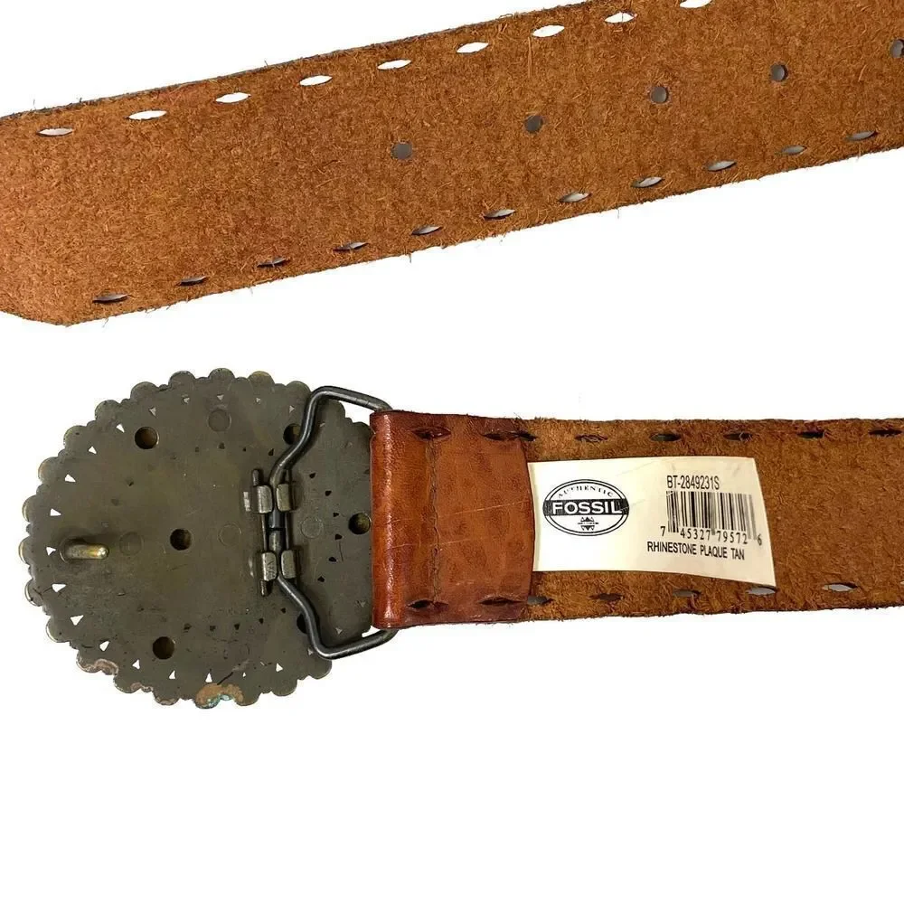 Fossil boho leather Studded Distressed Western Belt Rhinestone Brass Buckle Sz S